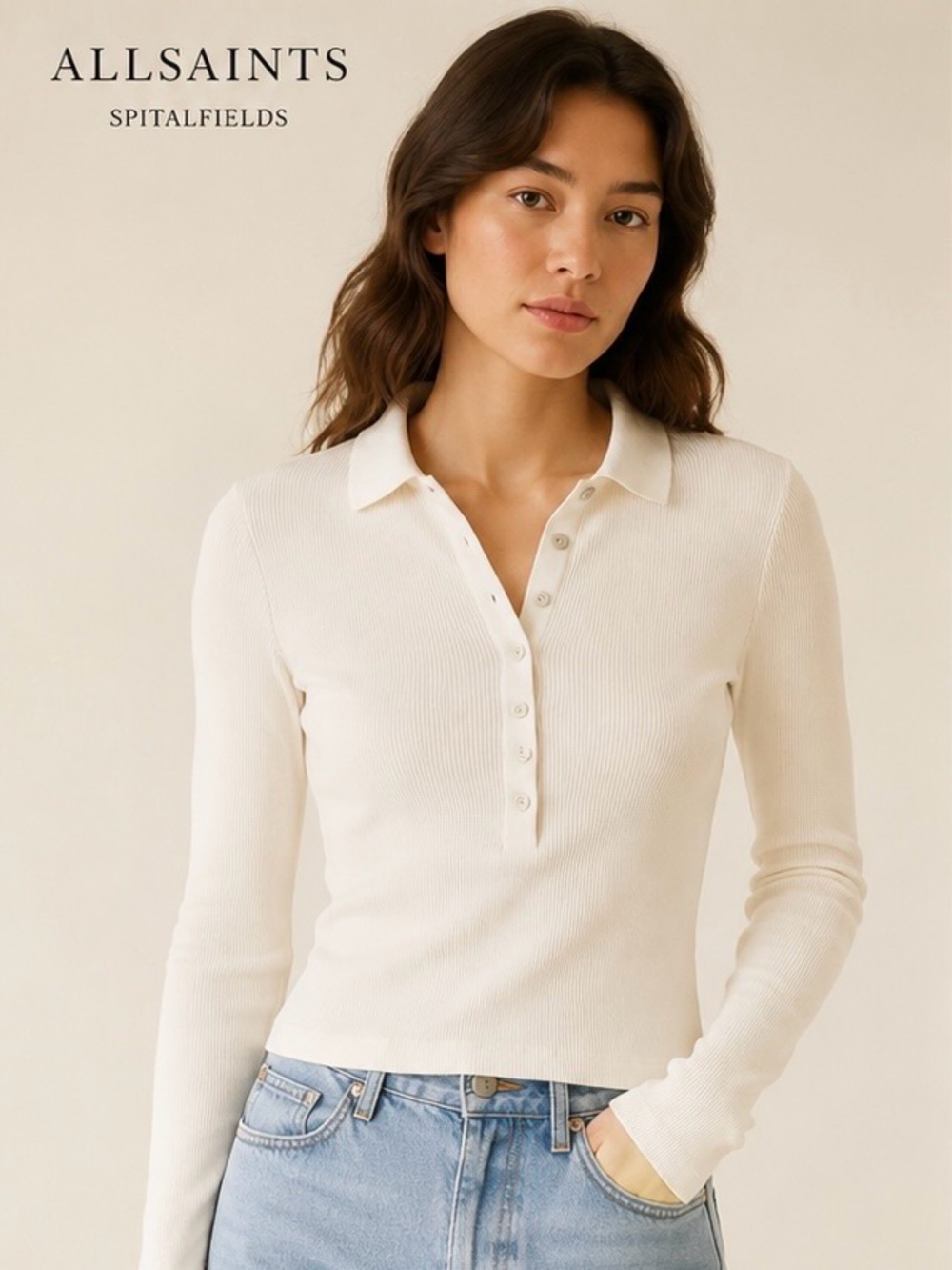AllSaints Cream Ribbed Long Sleeve Polo size XS